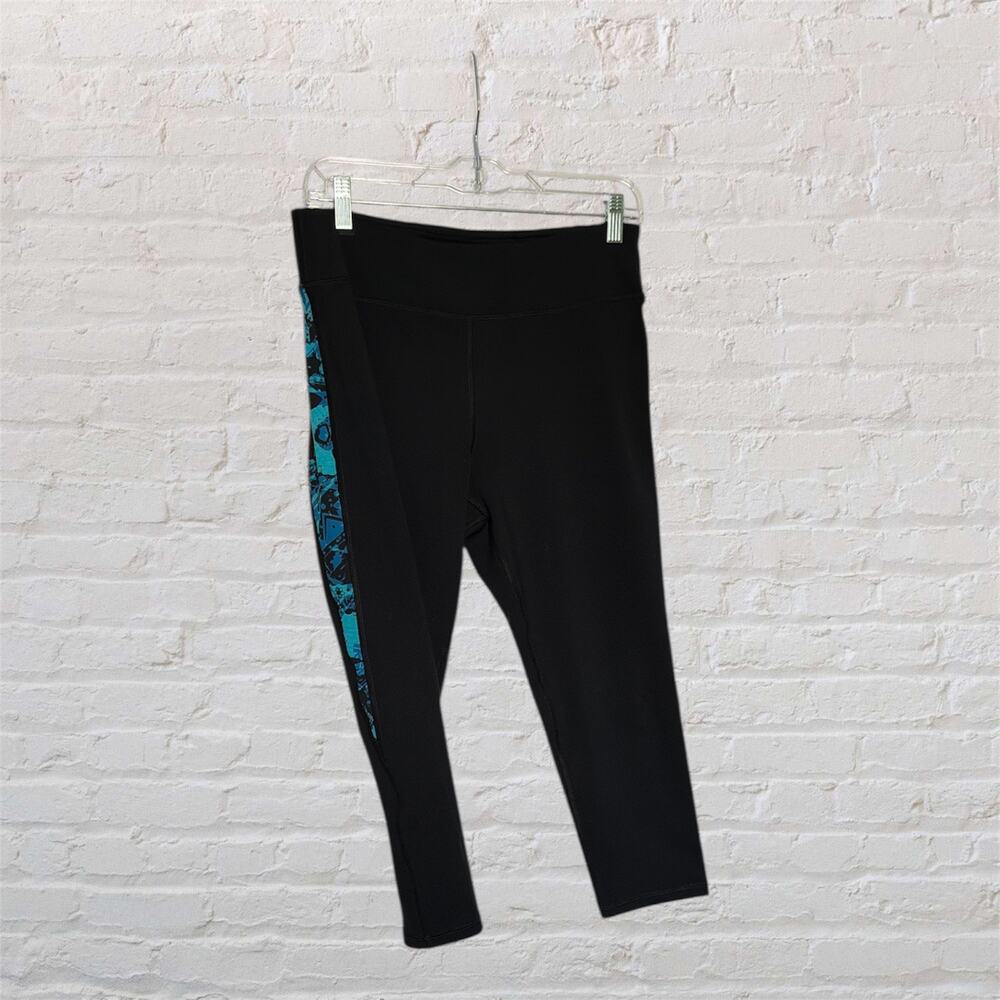 Gaiam Black Athletic Leggings Women Large Teal Graphic Side Panel Yoga